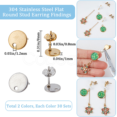 60Pcs 2 Colors 304 Stainless Steel Stud Earring Findings STAS-SC0006-57-1