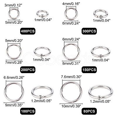 Unicraftale 1230Pcs 6 Style 304 Stainless Steel Open Jump Rings STAS-UN0024-52-1