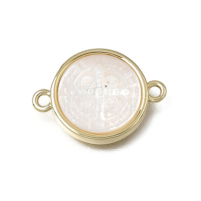 Natural White Shell Brass Flat Round Links Connector Charms KK-C262-03B-01G-1