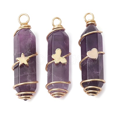 3Pcs 3 Styles Natural Amethyst Copper Wire Wrapped Pointed Pendants PALLOY-JF02460-02-1