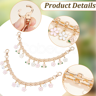 2Pcs Imitation Pearl & Alloy Pink Enamel Flower Tassel Bag Decorative Chains AJEW-BBC0001-06-1