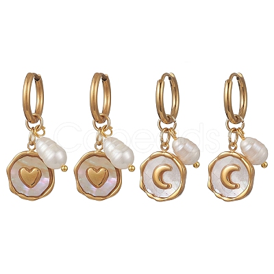 2 Pairs 2 Styles 304 Stainless Steel & Natural Shell Hoop Earrings EJEW-JE06946-1