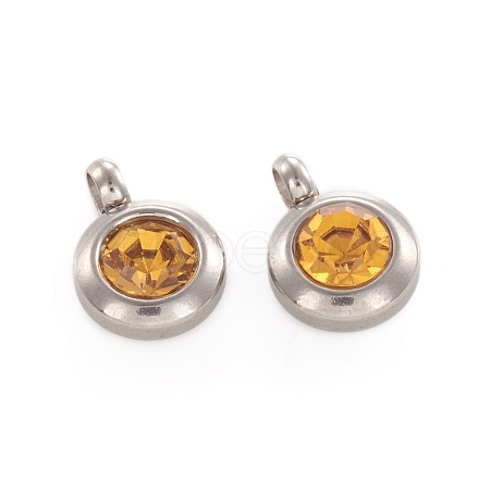 Trendy Original Color 304 Stainless Steel Grade A Rhinestone Flat Round Charm Pendants RB-M030-06R-1