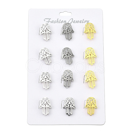12Pcs 3 Colors Hamsa Hand 201 Stainless Steel Brooches for Backpack Clothes JEWB-A033-14-1