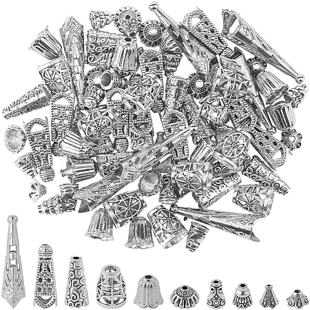 100Pcs 10 Styles Tibetan Styles Alloy Bead Cone & Bead Caps FIND-SP0020-73A-1