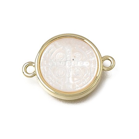 Natural White Shell Brass Flat Round Links Connector Charms KK-C262-03B-01G-1