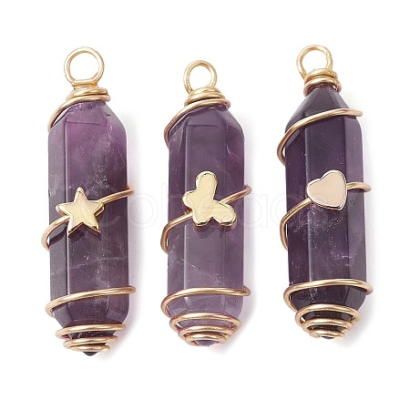 3Pcs 3 Styles Natural Amethyst Copper Wire Wrapped Pointed Pendants PALLOY-JF02460-02-1