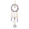 Natural Amethyst Chip Pendant Decorations with Brass Moon & Cable Chain & Electroplated Quartz Crystal Tassel HJEW-JM01650-03-1