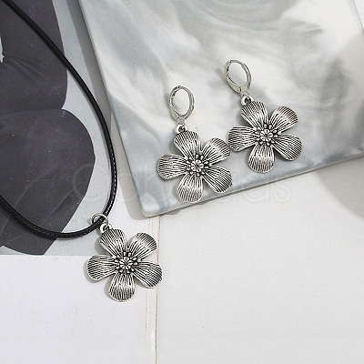 Flower Alloy with Imitation Leather Cord Pendant Necklace & Hoop Earring Sets FS-WGDD3CA-01-1