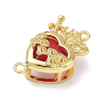 Brass with Glass Dark Red Sacred Heart Connector Charms KK-L253-27G-03-1