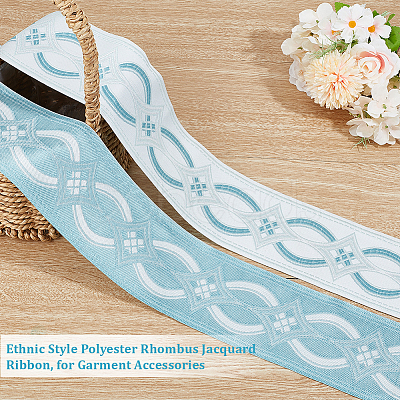 5M Ethnic Style Polyester Rhombus Jacquard Ribbon OCOR-WH0101-19C-1
