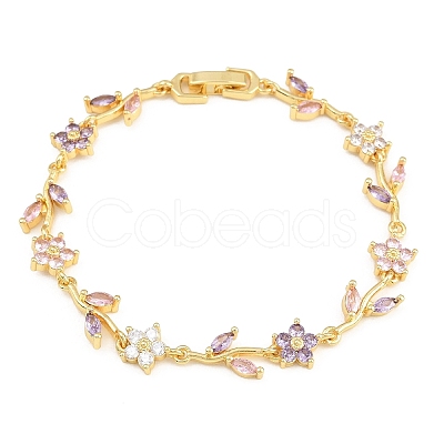 Brass Pave Cubic Zirconia Flower Link Chain Bracelets for Women KK-CBA68DA-14G-07-1