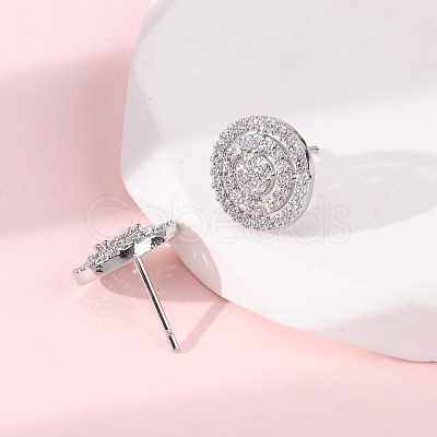 Brass Micro Pave Clear Cubic Zirconia Flat Round Stud Earrings EJEW-H165-05P-1