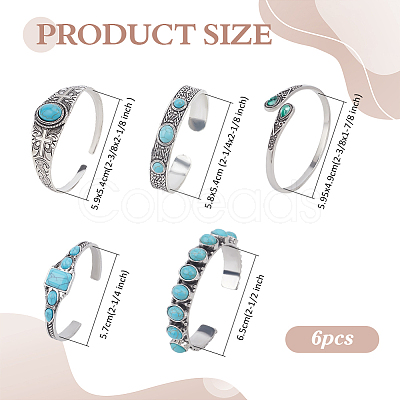6Pcs 6 Styles Alloy Synthetic Turquoise Cuff Bangles for Women BJEW-ME0001-18-1