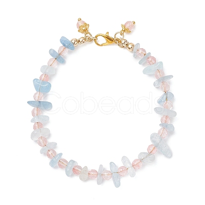 Cherry Quartz Glass & Natural Aquamarine Chips Beaded Bracelets for Women BJEW-JB12526-02-1