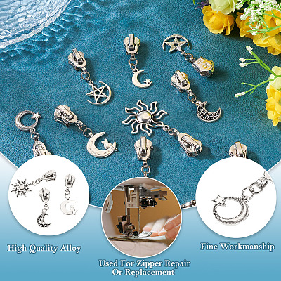 18Pcs 9 Styles Alloy Replacement Zipper Sliders with Sun Moon Star Charms HJEW-TAC0088-1