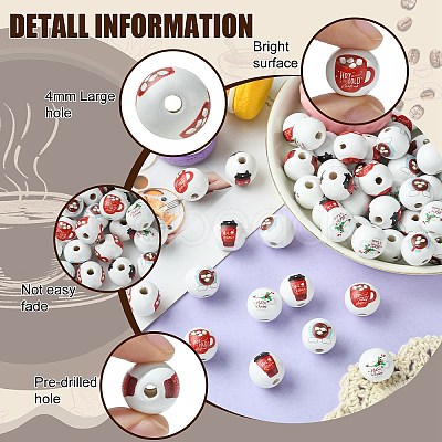 80Pcs 4 Styles Coffee Printed Wooden European Beads WOOD-CJ0001-82-1