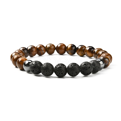 Natural Tiger Eye & Lava Rock & Synthetic Hematitie Beads Stretch Bracelet Set BJEW-JB07030-1