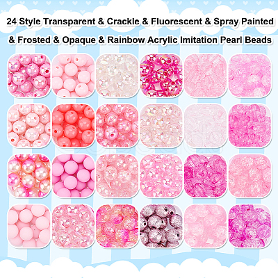 HOBBIESAY 576Pcs 24 Style Transparent & Crackle & Fluorescent & Spray Painted & Frosted & Opaque & Rainbow Acrylic Imitation Pearl Beads DIY-HY0001-35C-1