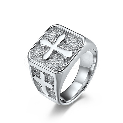 Square with Cross Pattern 304 Stainless Steel Finger Rings for Men FS-WGAC6B1-01-1