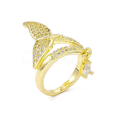 Clear Cubic Zirconia Fishtail Shape with Teardrop Charm Open Cuff Ring RJEW-I091-19G-1