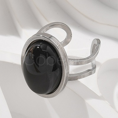 Oval Natural Black Agate Finger Rings RJEW-M062-02P-03-1