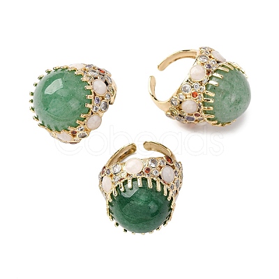 Half Round Natural Green Aventurine Cubic Zirconia Cuff Rings RJEW-M076-01G-05-1