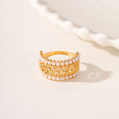 Hollow Brass with ABS Imitation Pearl Beads Wide Band Rings for Women OP9708-3-1