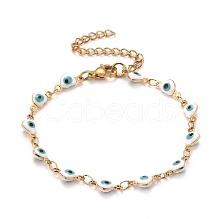 Enamel Heart with Evil Eye Link Chains Bracelet BJEW-P271-07G-02-1