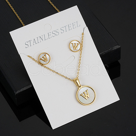 304 Stainless Steel with Natural Shell Pendant Necklaces & Stud Earrings Sets FS-WG5FD70-23-1