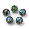 Printed Glass Beads, Round with Flower Pattern, Green, 10x9mm, Hole: 1.5mm