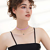 Glass Beaded Flower Pendant Single Face Medium Orchid Velvet Ribbon & Brass Cable Chain Double Layered Choker Necklaces NJEW-TAC0041-8