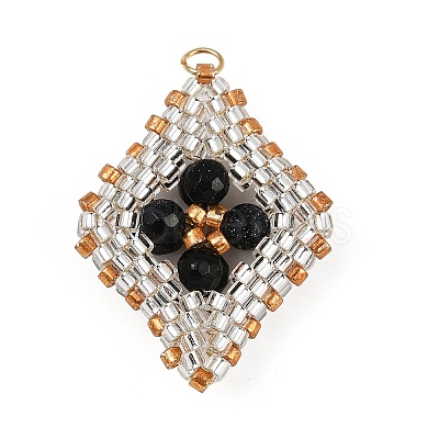 Faceted Round Synthetic Blue Goldstone & Handmade Glass Seed Beaded Pendants PALLOY-MZ00757-01-1
