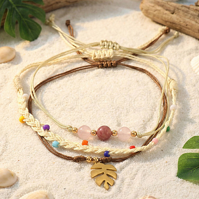 3OPcs 3 Styles Natural Rhodochrosite & Pink Jade & Glass Round Beads Bracelets & Brass Leaf Charm Bracelets Set DI3925-1-1