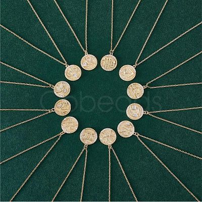 925 Sterling Silver 12 Constellation Necklace Gold Horoscope Zodiac Sign Necklace Round Astrology Pendant Necklace with Zircons Birthday Jewelry Gift for Women Men JN1089E-1