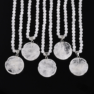 Natural Quartz Crystal 4.5mm Round Beaded Rock Crystal Flower Pendant Necklaces NJEW-T016-04P-1