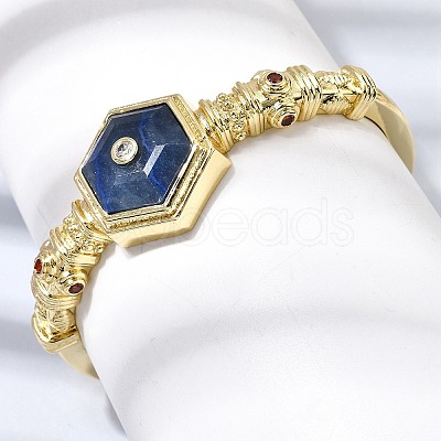 Hexagon Brass Pave Natural Gemstone & Cubic Zirconia Cuff Bangles for Women BJEW-Z172-01G-1