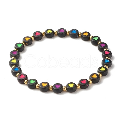 Flat Round with Heart Beaded Stretch Bracelet for Women BJEW-JB07552-03-1