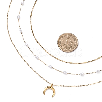304 Stainless Steel Pendant 316 Surgical Stainless Steel & Plastic Pearl Paperclip Chain 3 Layer Necklaces for Women NJEW-JN05471-02-1