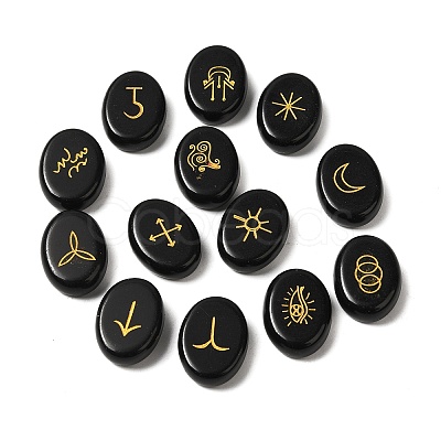 13Pcs Natural Obsidian Rune Stone G-C095-02C-1
