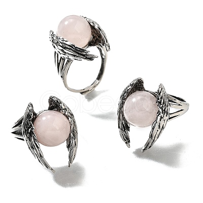 Natural Rose Quartz Wings Adjustable Rings RJEW-K241-04AS-13-1