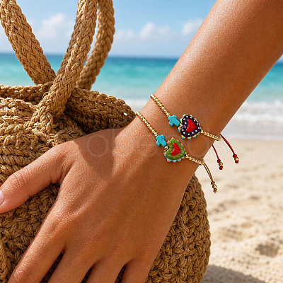 2Pcs 2 Colors Dyed Synthetic Turquoise Cross and Glass Heart Braided Bead Bracelets for Women PE0777-1-1