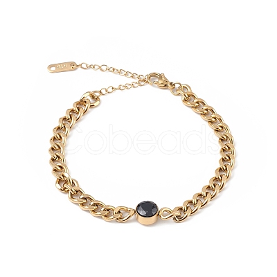 Jet Rhinestone Flat Round Link Bracelet with Curb Chains BJEW-G669-20G-1