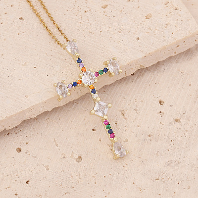 Brass Micro Pave Cubic Zirconia Cross Pendant Necklaces FS-WG7675B-06-1