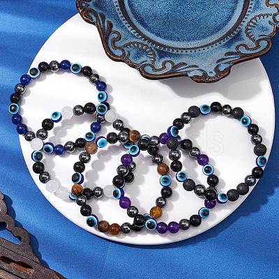 Round Gemstone Beaded Stretch Bracelets BJEW-JB11005-1