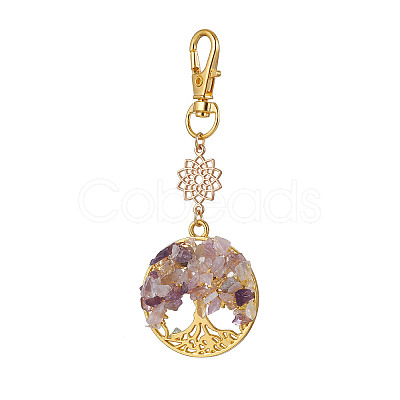 Natural Amethyst Chips Beads & Alloy Tree of Life Pendant Decorations HJEW-JM03129-01-1
