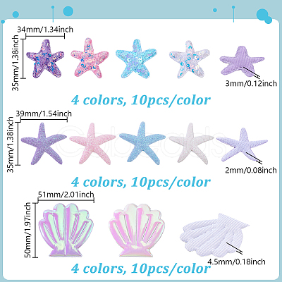 100Pcs 10 Styles Polyester & PU Leather Sequins Starfish & Shell Shape Applique for Clothing Dress Bag Garment Accessories DIY-GA0009-22-1