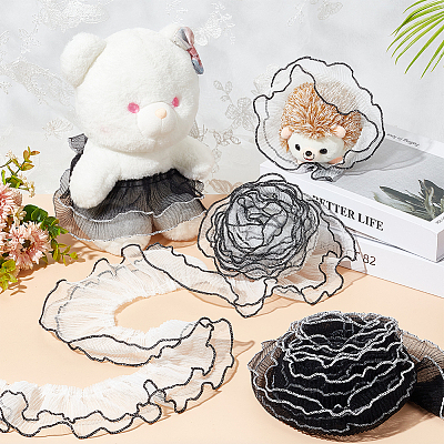 PandaHall Elite 2Pcs 2 Colors 2-Layer Polyester Pleated Lace Trim Ribbon OCOR-PH0002-78-1