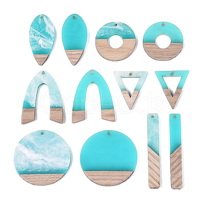 12Pcs 6 Styles Opaque Resin & Ash Wood Pendants RESI-N053-12-1