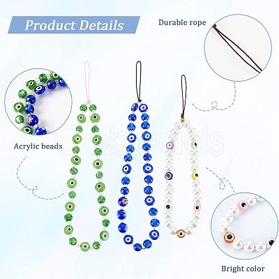 3Pcs 3 Style Glass Pearl & Lampwork & Glass Seed Beads Mobile Straps KEYC-OC0001-19-1